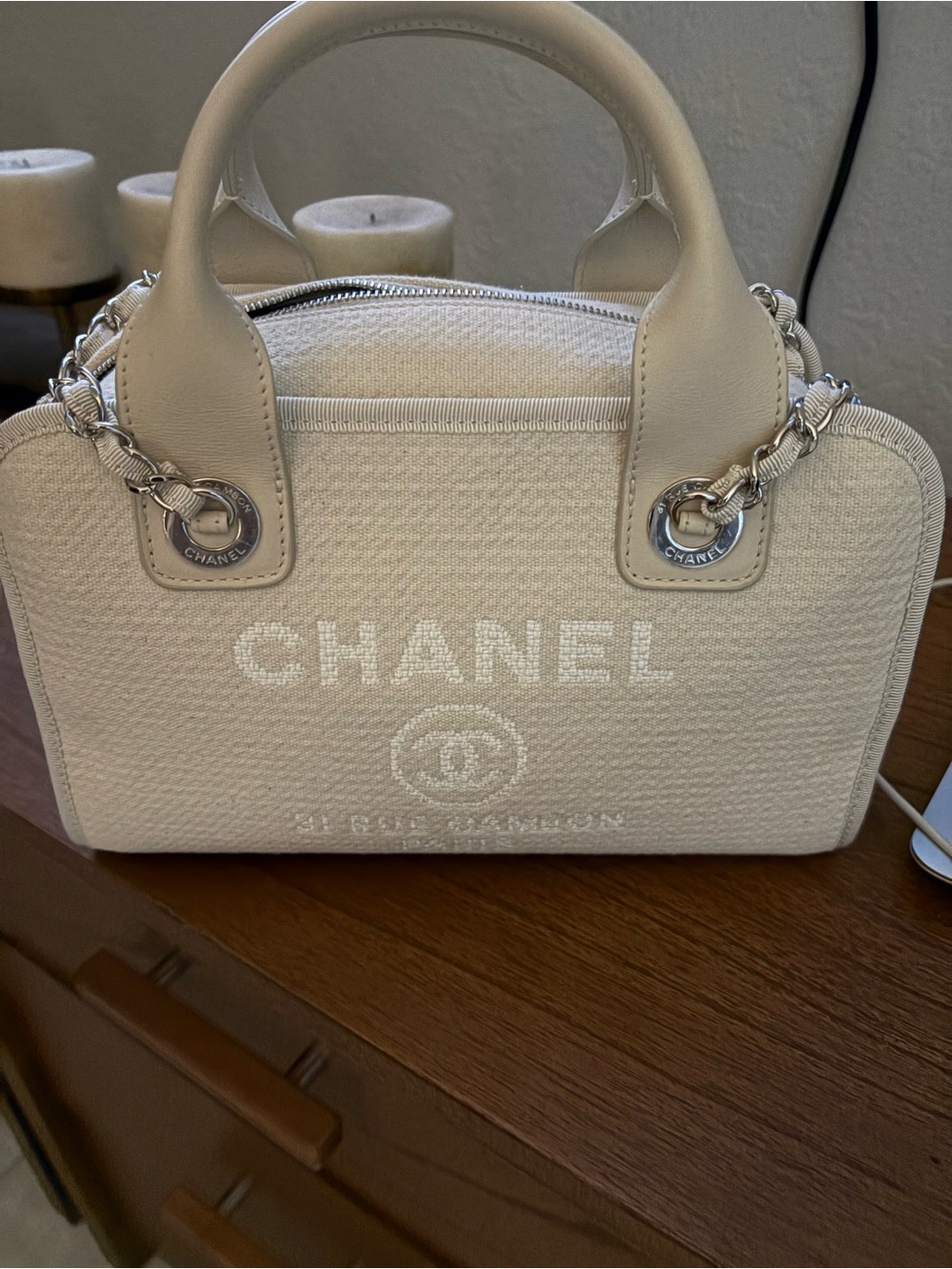 CHANEL Cream Mini Top-Handle Satchel with Silver Chain
